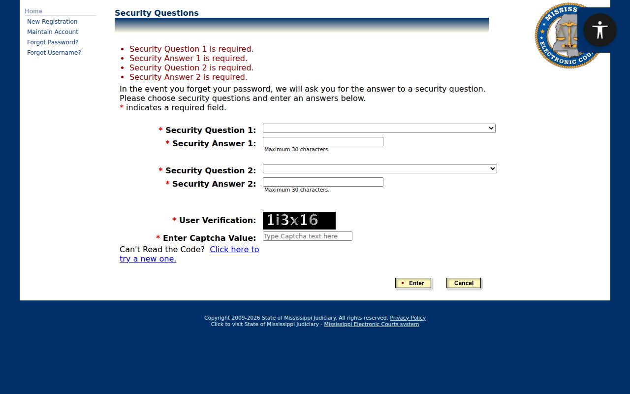 Kemper County case search PAMEC security-question fields