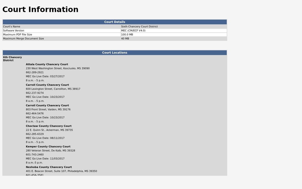 Kemper County civil docket access through Sixth Chancery MEC