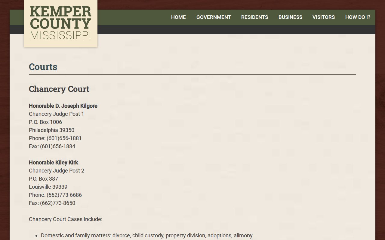 Kemper County court docket court types and records routing on the county courts page