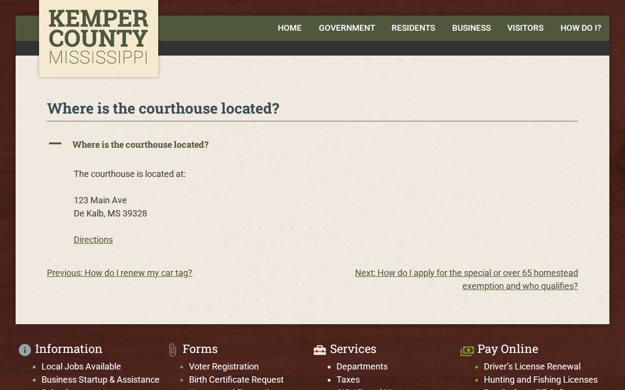 Kemper County court docket courthouse location information from the county FAQ
