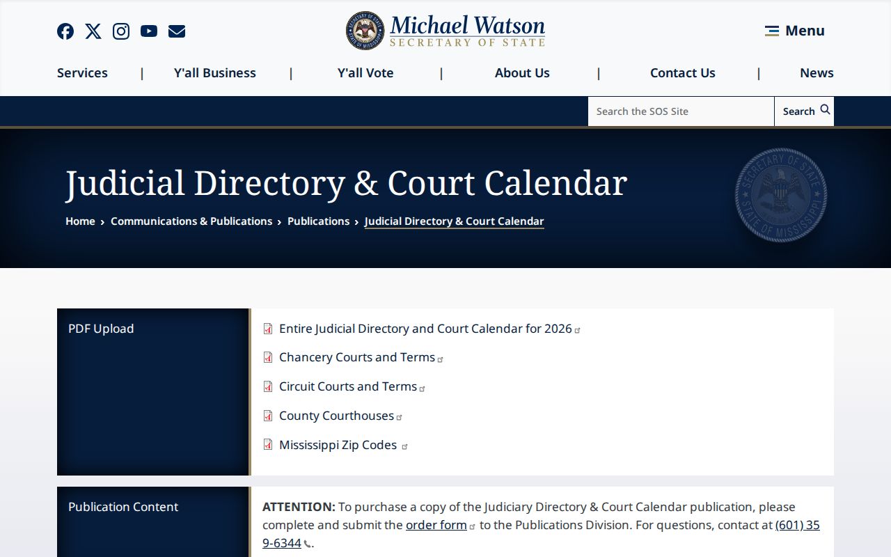 Kemper County court docket term and calendar information in the Mississippi judicial directory